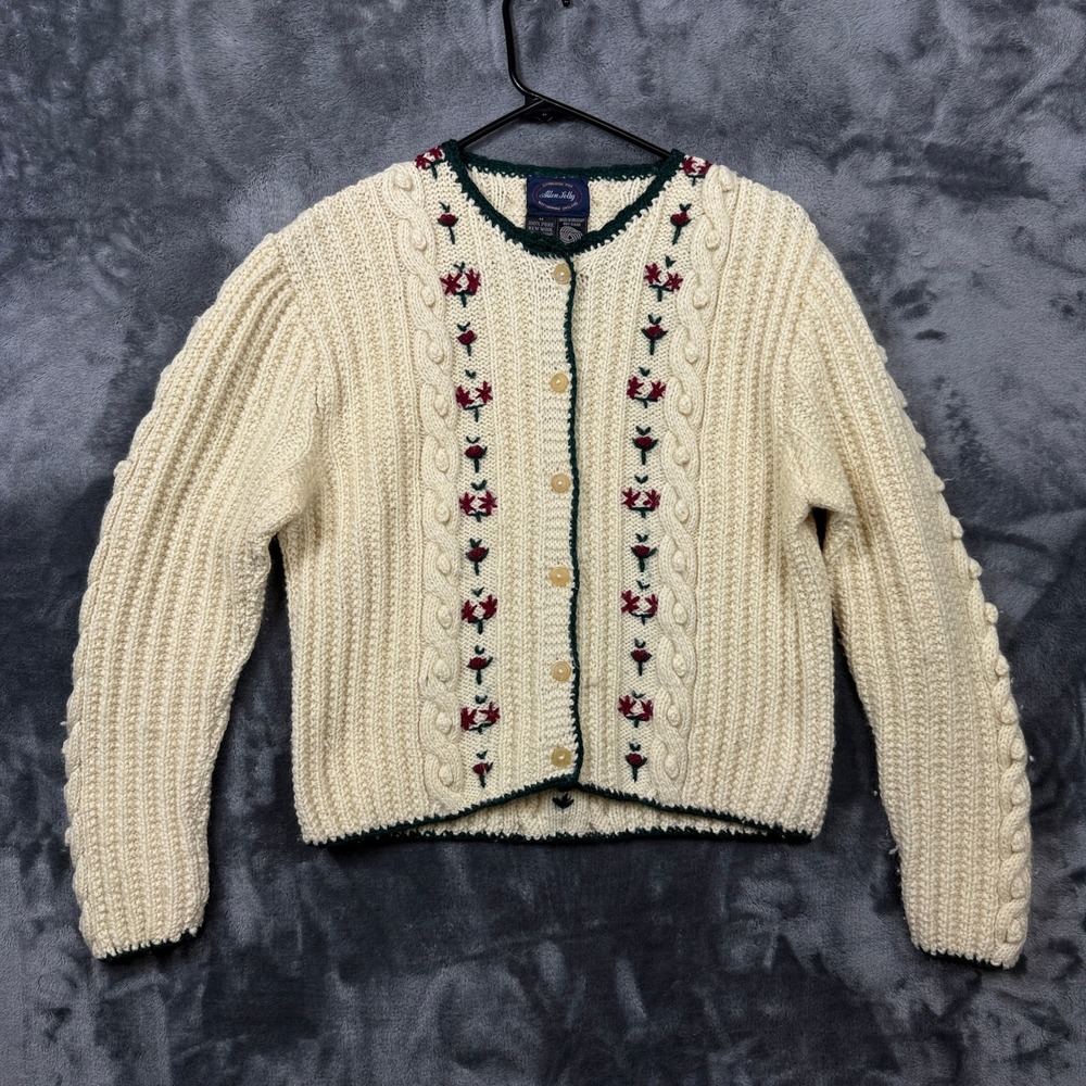 Allen Solly Cardigan Womens Medium Cream Fair Wool Floral Cable Knit Sweater
